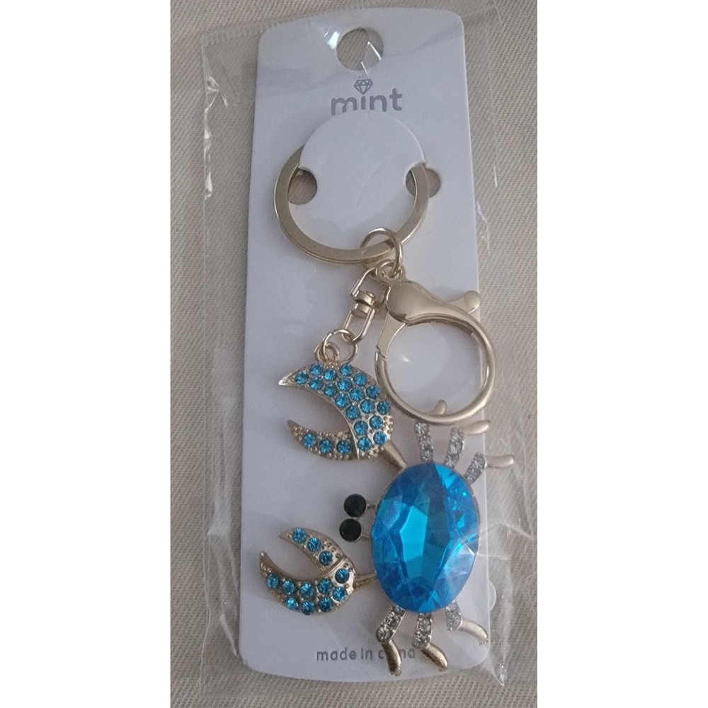 Mint Blue Rhinestone Crab Keychain Gold‎ Tone Nautical Bag Charm 7.00 Each - Picture 2 of 2
